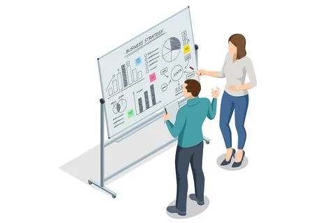 Isometric scene of two people analyzing business charts and graphs on a 스톡 일러스트