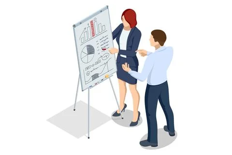 Isometric scene of two people analyzing business charts and graphs on a 스톡 일러스트