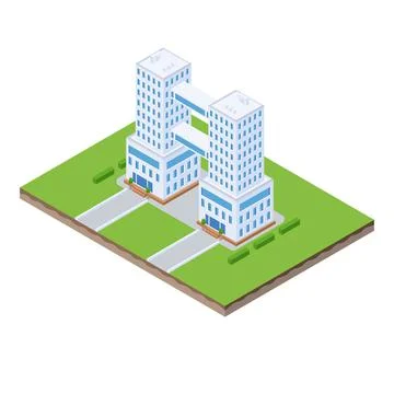 Isometric scene of two twin tower building with road and garden Illustrazione stock
