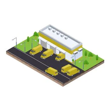 Isometric scene of van at warehouse logistic hall unloading process in Compan 스톡 일러스트