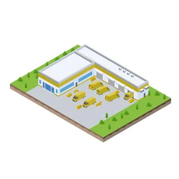 Isometric scene of van at warehouse logistic hall unloading process in Compan Stock Illustration