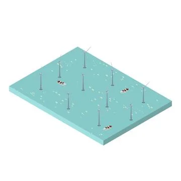 Isometric scene of Wind turbines generating electricity and speed boat in t.. Stock Illustration