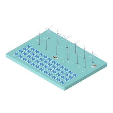 Isometric scene of Wind turbines generating electricity and solar farm pane.. Ilustración de archivo