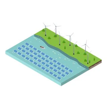 Isometric scene of Wind turbines generating electricity and solar farm pane.. Ilustración de archivo