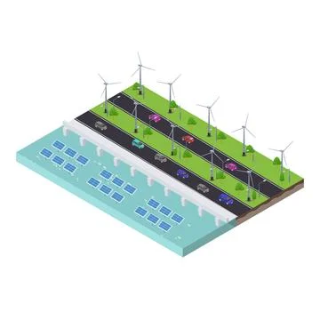 Isometric scene of Wind turbines generating electricity and solar farm pane.. Ilustración de archivo
