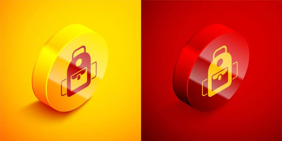 Isometric School backpack icon isolated on orange and red background. Circle Stock Illustration