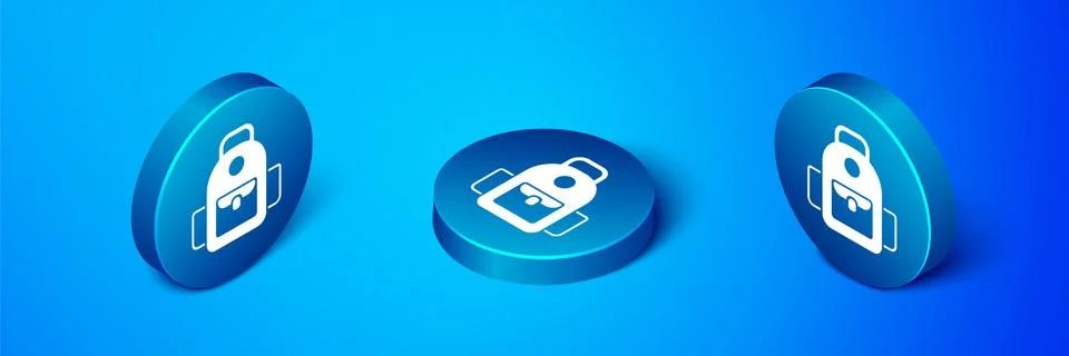 Isometric School backpack icon isolated on blue background. Blue circle button Stockillustratie
