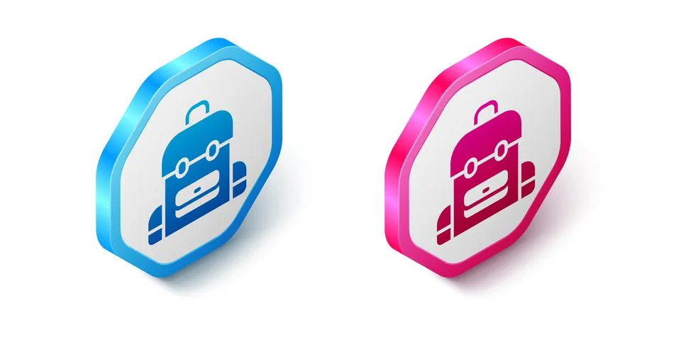 Isometric School backpack icon isolated on white background. Hexagon button Stock Illustration