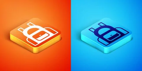Isometric School backpack icon isolated on orange and blue background. Vector Stock Illustration