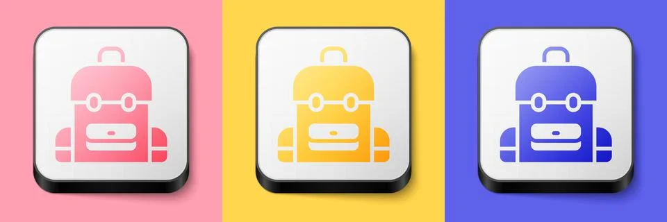 Isometric School backpack icon isolated on pink, yellow and blue background.  Stock Illustration