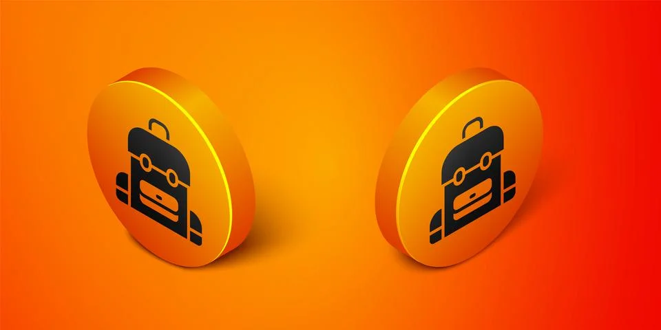 Isometric School backpack icon isolated on orange background. Orange circle Stock Illustration