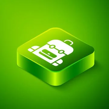 Isometric School backpack icon isolated on green background. Green square button Stock Illustration