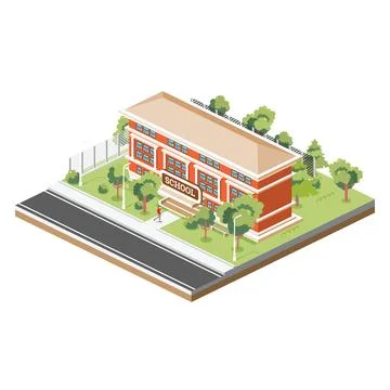 Isometric School Building Isolated on White Background. Trees and Road. Man.. Ilustración de archivo