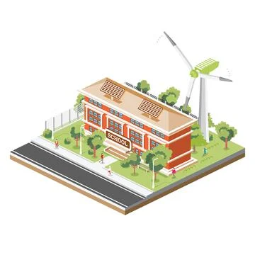 Isometric School Building with Solar Panels and Wind Turbine Isolated on Wh.. Ilustración de archivo