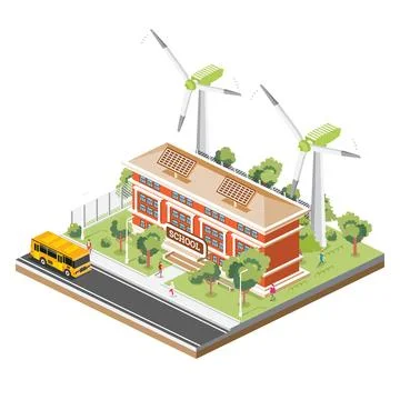 Isometric School Building with Solar Panels and Wind Turbine Isolated on Wh.. Ilustración de archivo