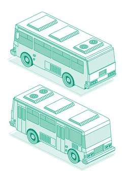 Isometric school bus. Front and rear view. Outline object isolated on white.. Stock Illustration