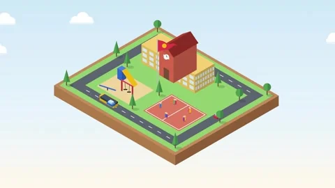 Isometric school campus with school bus 库存影片 348622940