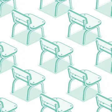 Isometric school chairs. Seamless pattern. Outline objects isolated on whit.. Stock Illustration