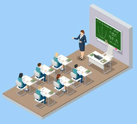 Isometric school classroom. Group of school kids with teacher sitting in Stock Illustration