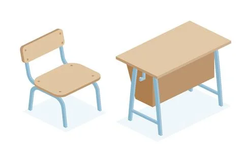 Isometric school desk table and chair. Objects isolated on white background.. Stock Illustration