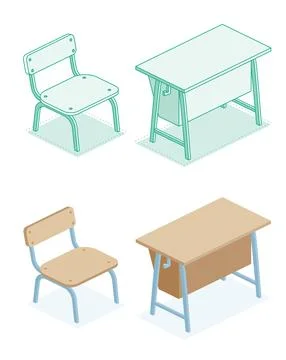 Isometric school desk table and chair. Illustration. Outline object isolate.. イラスト素材
