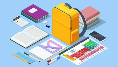 Isometric school elements, many school supplies. Children s subjects for study Illustrazione stock