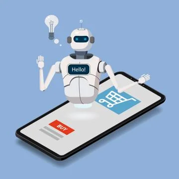 Isometric Science Chat bot, smartphone concept. On line store, shopping Stock Illustration