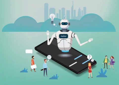 Isometric Science Chat bot, smartphone concept. Artificial Intelligence Stock Illustration