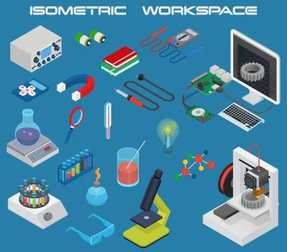 Isometric science concept with 3D design, electronics and chemistry equipment Stock Illustration