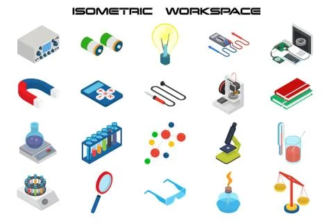 Isometric science icons with 3D design, electronics and chemistry equipment Stock Illustration
