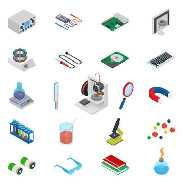 Isometric science icons with 3D design, electronics and chemistry equipment Stock Illustration