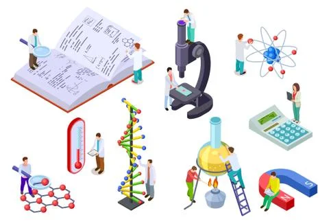 Isometric science set. Scientist and student with huge chemistry and physics lab Stock Illustration
