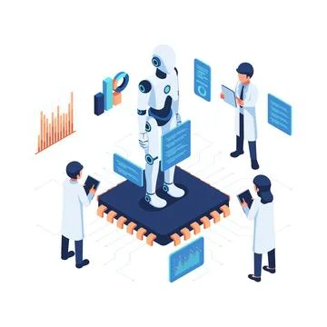 Isometric Scientist Inspecting AI Robot in a High Tech Lab Stockillustratie