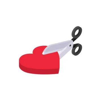 Isometric scissors cut a red heart. Broken heart vector illustration. Stock Illustration