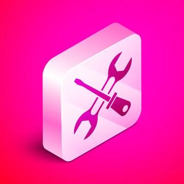 Isometric Screwdriver and wrench spanner tools icon isolated on pink background Stock Illustration