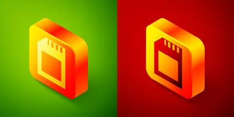 Isometric SD card icon isolated on green and red background. Memory card. Ada Stock Illustration