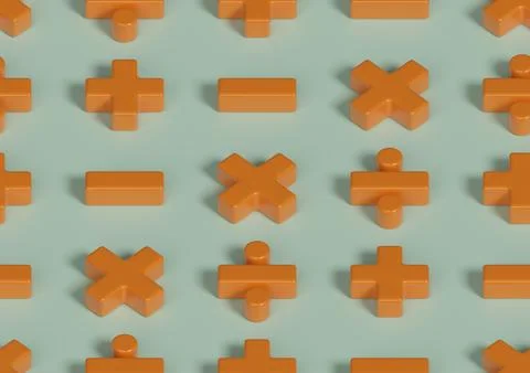 Isometric seamless pattern of arithmetic symbols in three dimensions. 3D il.. 库存插图