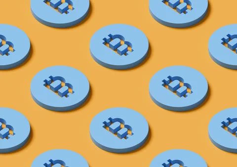 Isometric seamless pattern of Blue Bitcoins. 3d illustration. 스톡 사진
