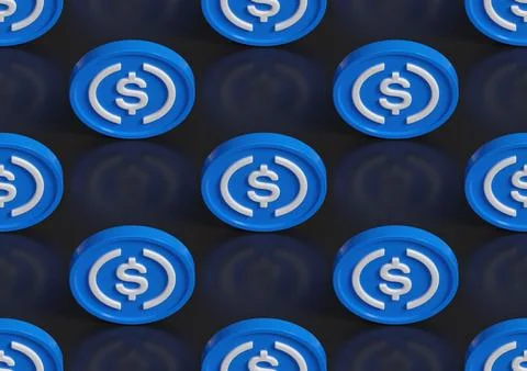 Isometric seamless pattern of blue USDC coins. 3d illustration. Stock Illustration