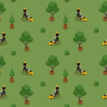 Isometric seamless pattern with a lawn care workers Stock Illustration