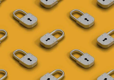 Isometric seamless pattern of padlocks on yellow background. 3d illustration. 스톡 일러스트