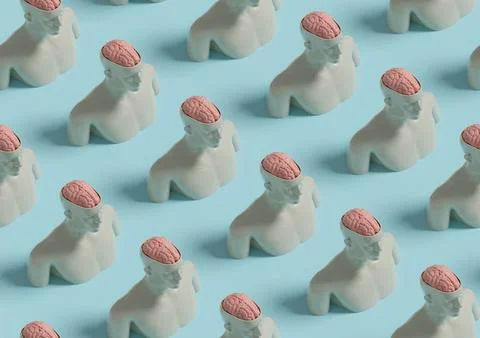 Isometric seamless pattern of a sculpture of a man with his head open and h.. Stock Illustration