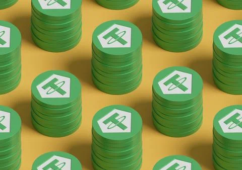 Isometric seamless pattern of Tether USDT coin stacks. 3d illustration. Stock Photos