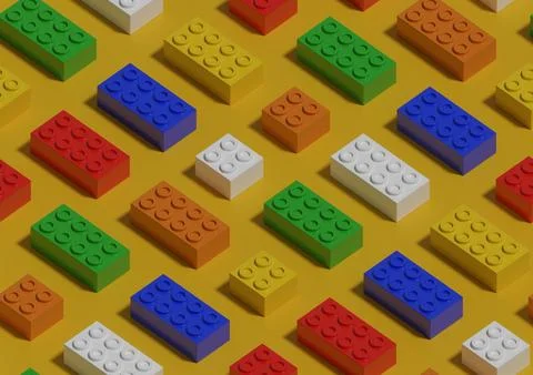 Isometric seamless pattern of toy blocks on yellow background. 3d illustratio Illustrazione stock