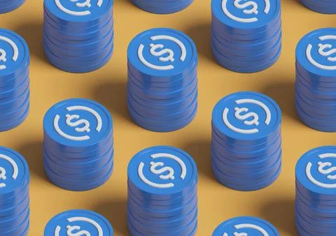 Isometric seamless pattern of USDC coin stacks. 3d illustration. Illustrazione stock