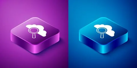 Isometric Search cloud computing icon isolated on blue and purple background. Stock Illustration