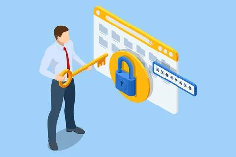 Isometric secure access with businessman using large key to unlock browser Stock-Illustration