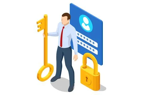 Isometric secure access with businessman using large key to unlock browser Stock-Illustration