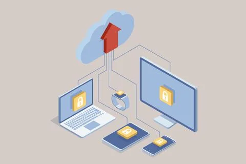 Isometric Secure Cloud Storage, Data Storage and Password Protection Stock Illustration