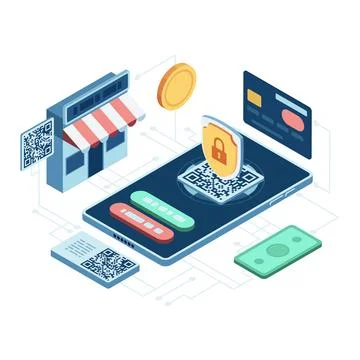 Isometric Secure Payment Methods on Smartphone with QR Code Stock Illustration